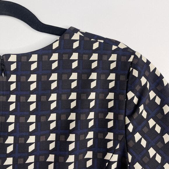 Theory 10 Black Blue Jatinn Geometric Plaid Tile Print Shift Dress Short Sleeve - Picture 8 of 11